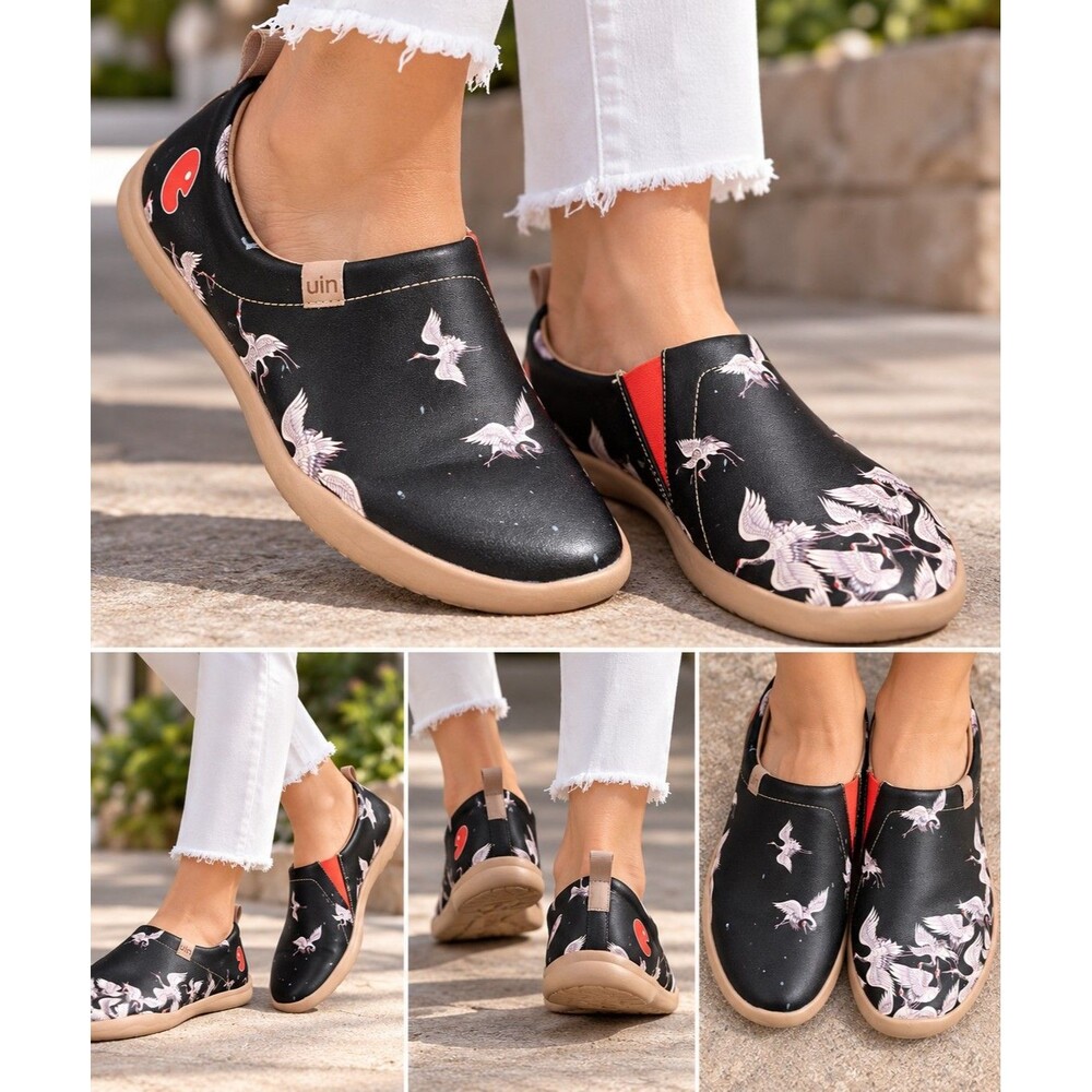 UIN Women 9 Crane In Dark Toledo I Art Travel Slip On Shoes Black Bird Loafers